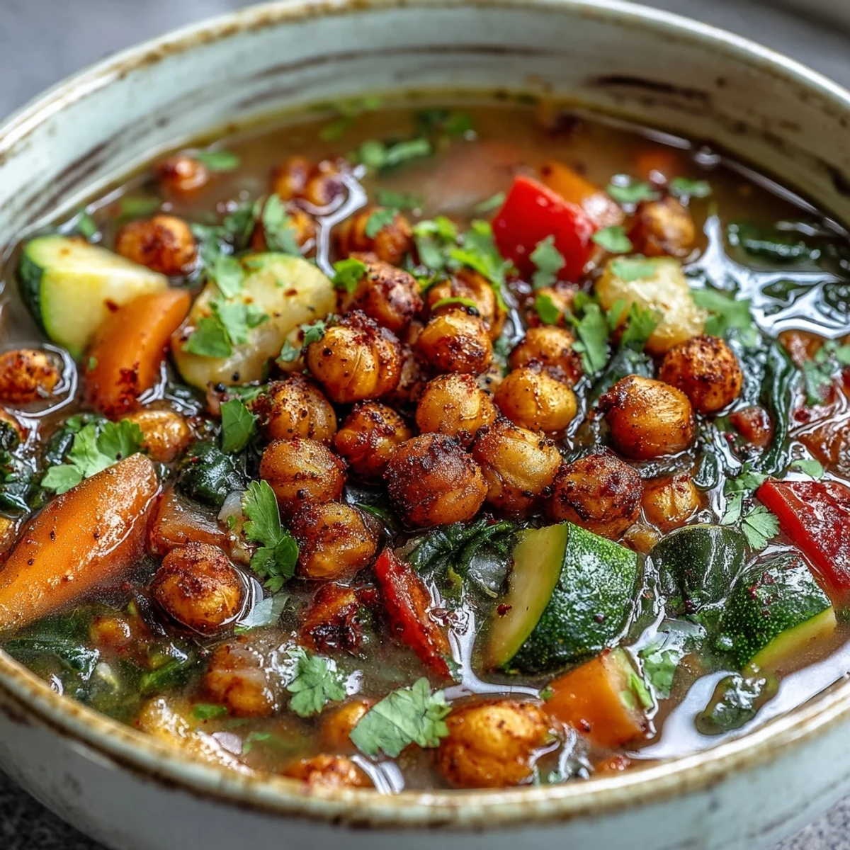 Close-up of crispy roasted chickpeas for Spiced Chickpea and Vegetable Soup, seasoned with paprika and cumin on a baking sheet.