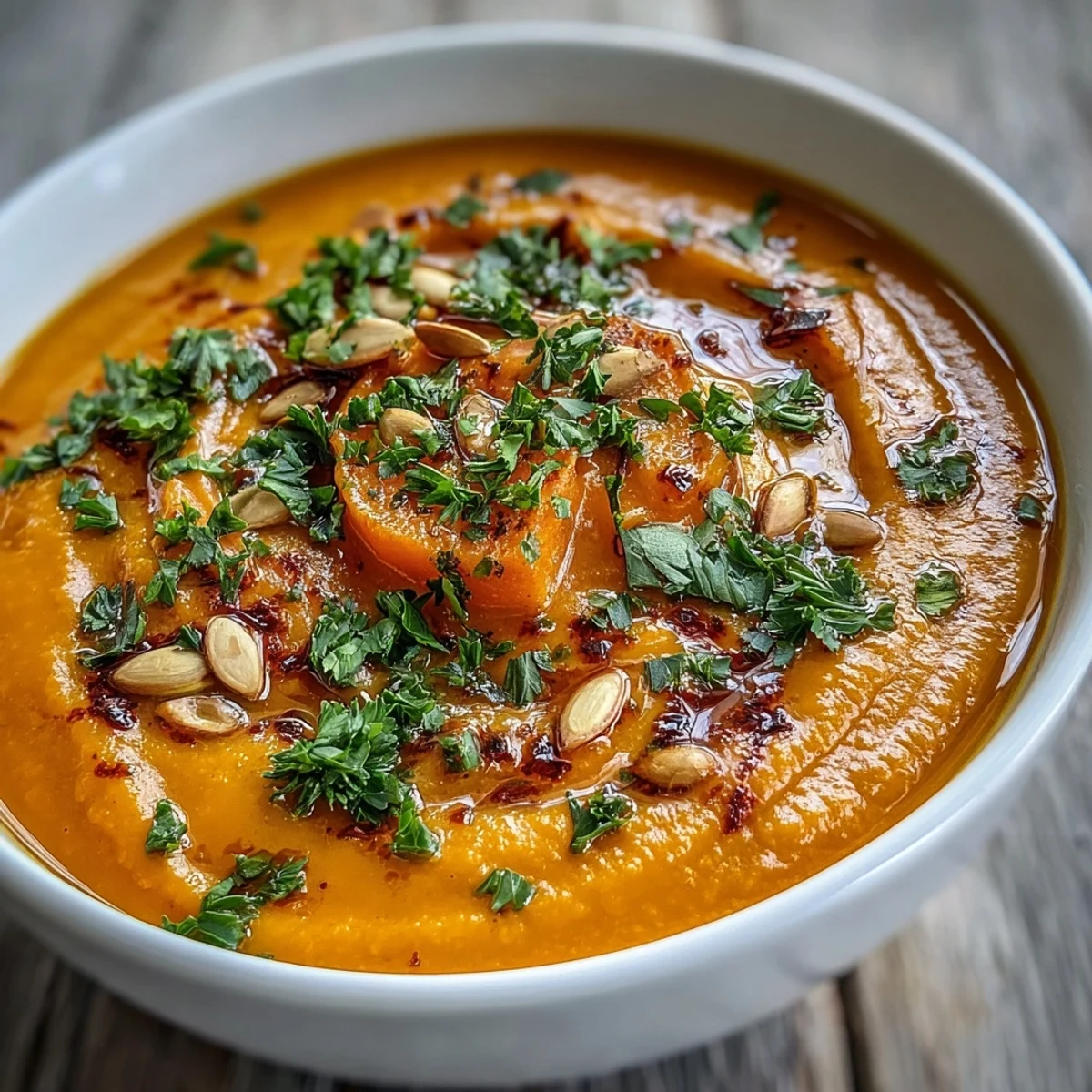 A warm bowl of Roasted Vegetable Soup garnished with fresh parsley and toasted seeds. 
