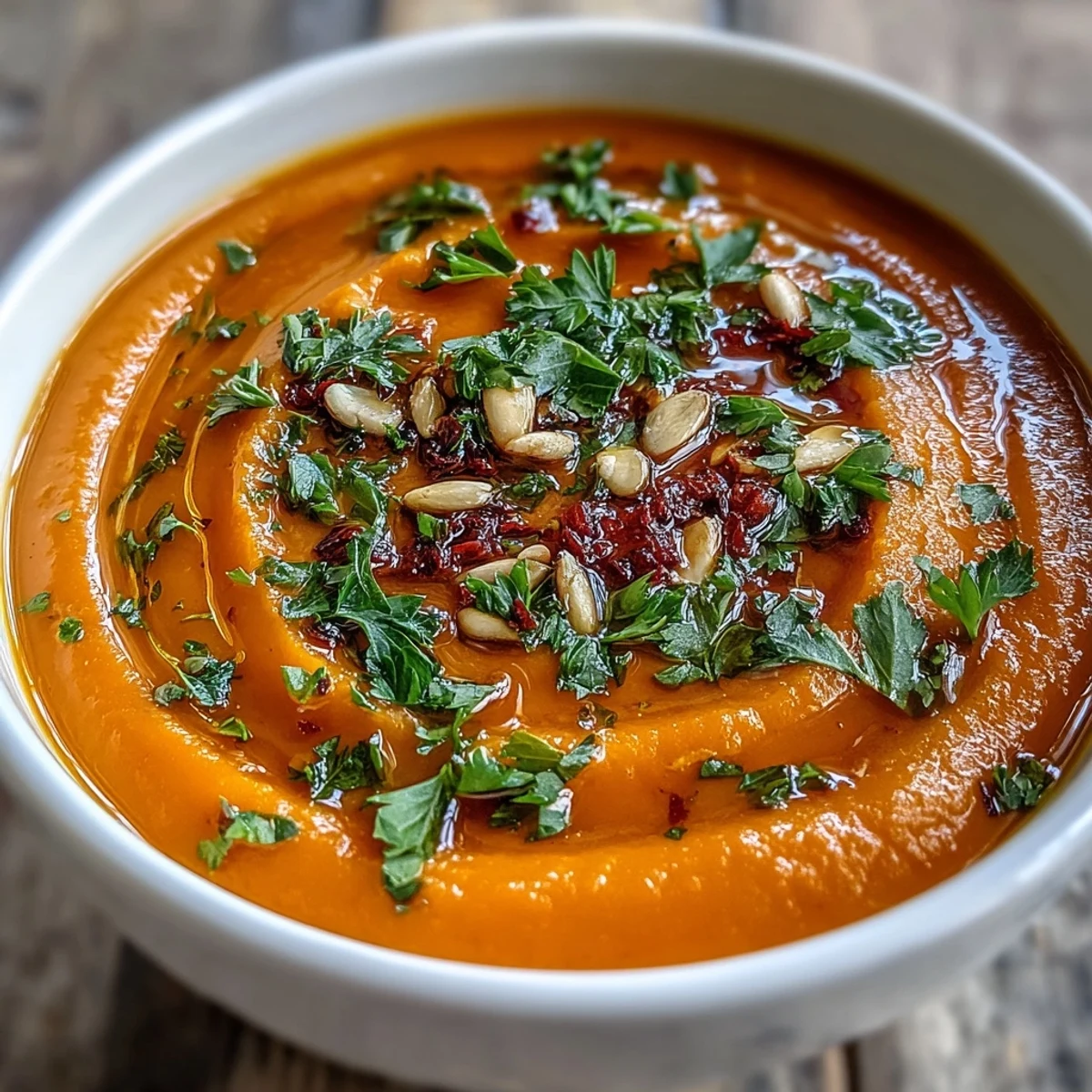 Golden roasted vegetables simmering in a pot to make this comforting Roasted Vegetable Soup.