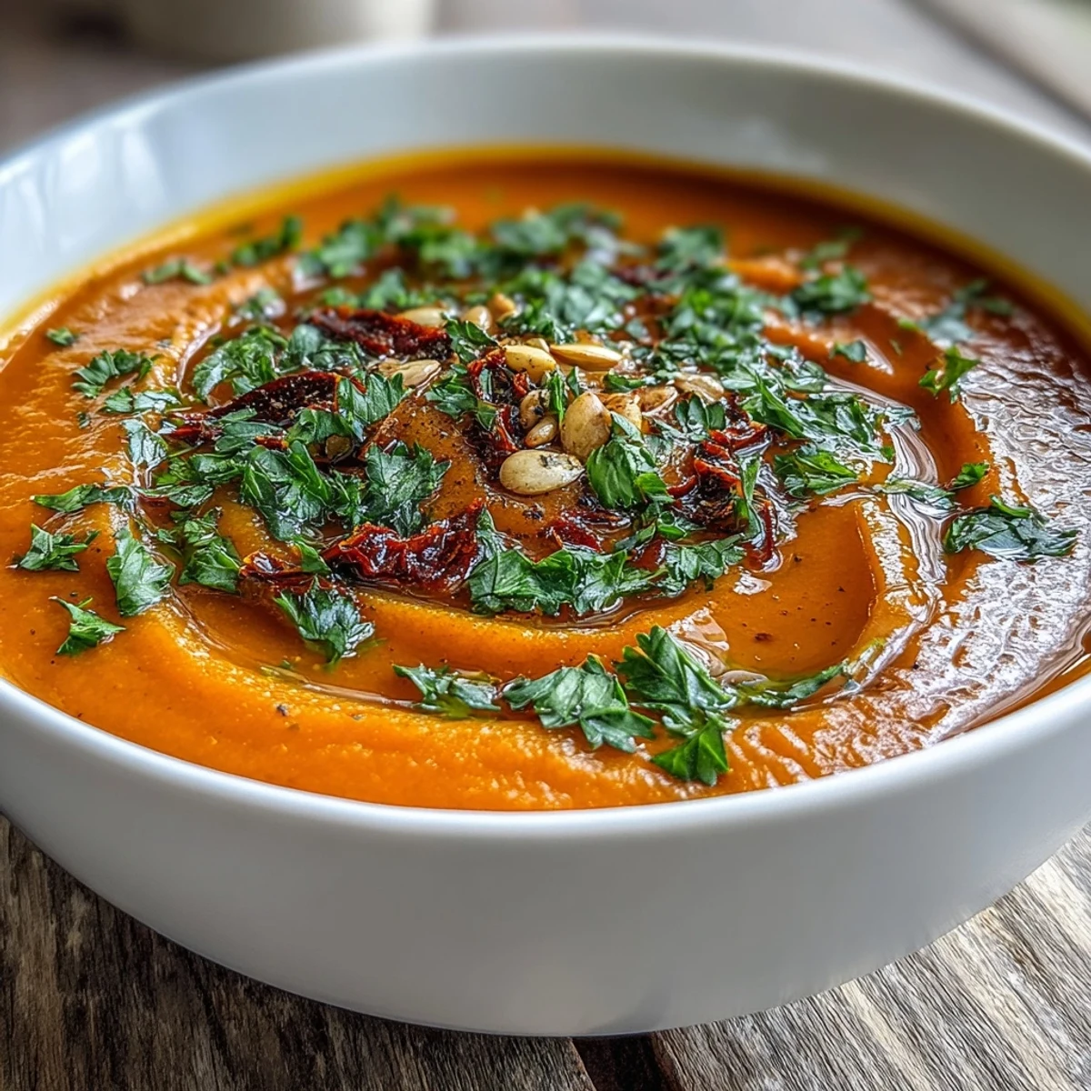 Silky smooth Roasted Vegetable Soup served in a rustic bowl, with a drizzle of olive oil. 