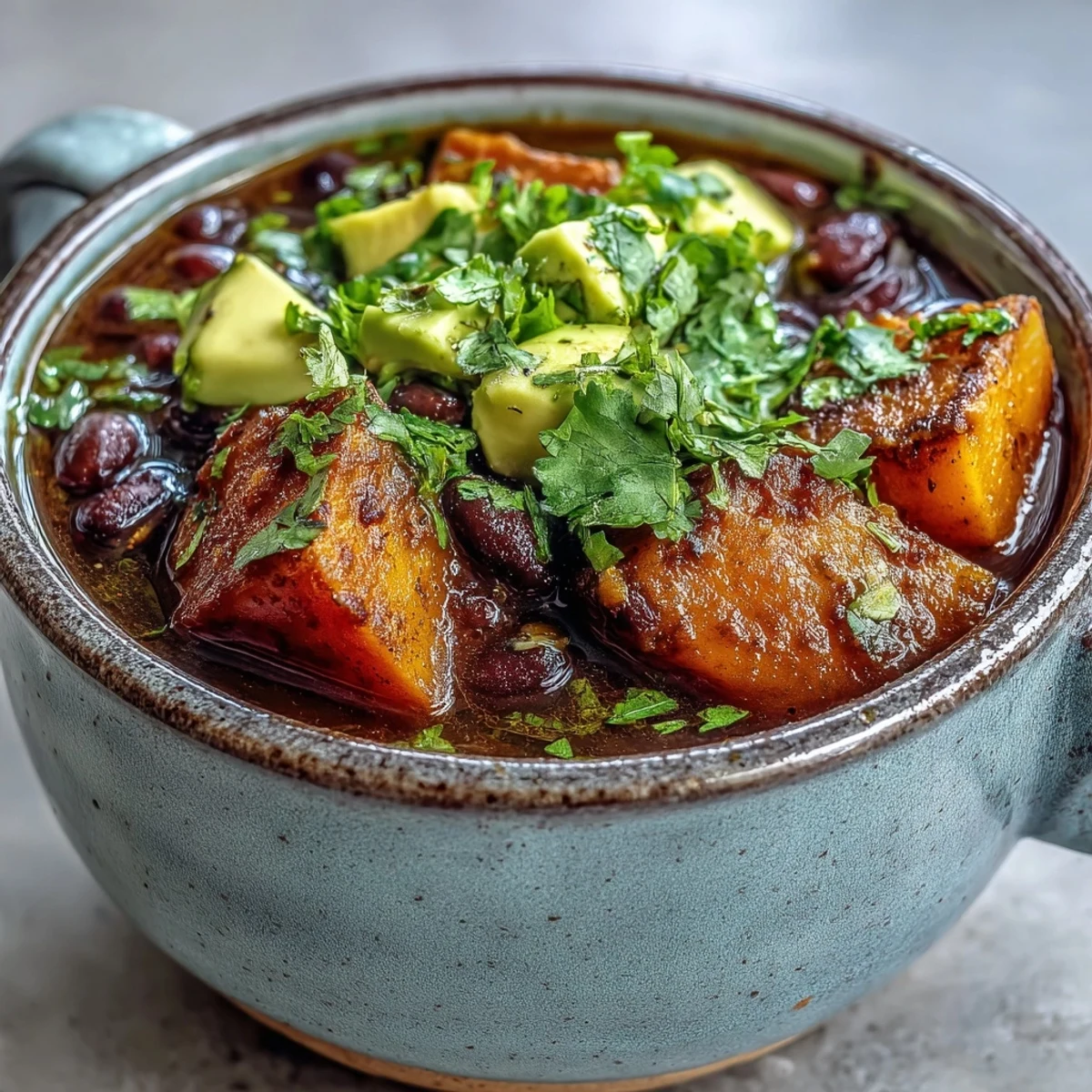 A steaming bowl of Sweet Potato and Black Bean Soup, topped with avocado and fresh lime wedges.