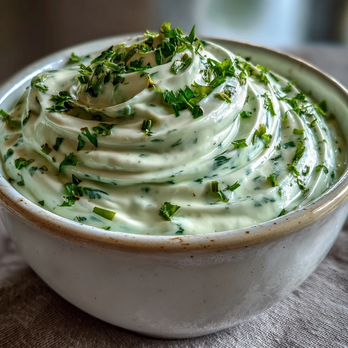 Creamy Celery and Herb Soup in a white bowl, garnished with fresh parsley and chives.