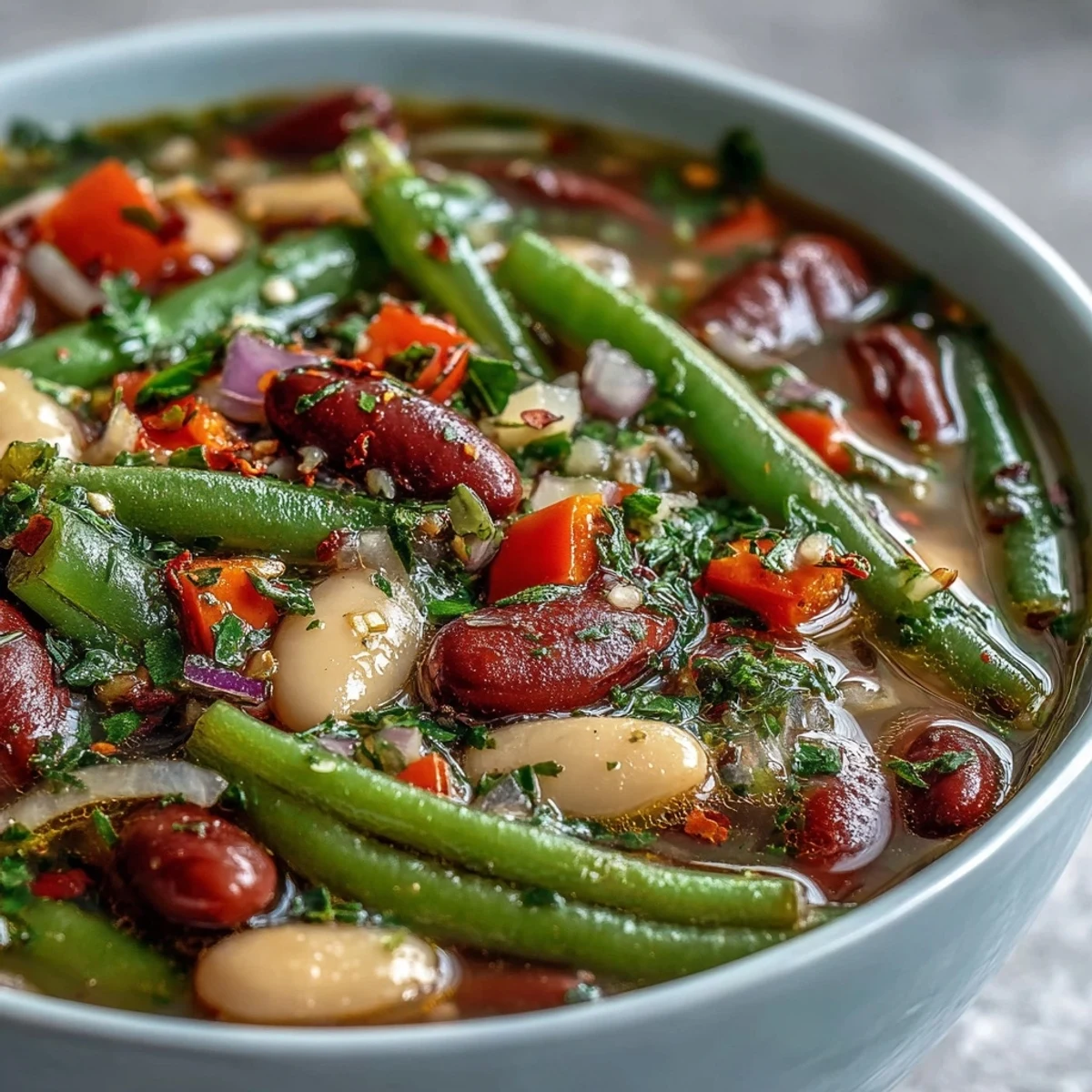 Three-Bean Salad Soup served hot in a rustic bowl with fresh parsley garnish, capturing a vibrant, wholesome vegetarian meal.