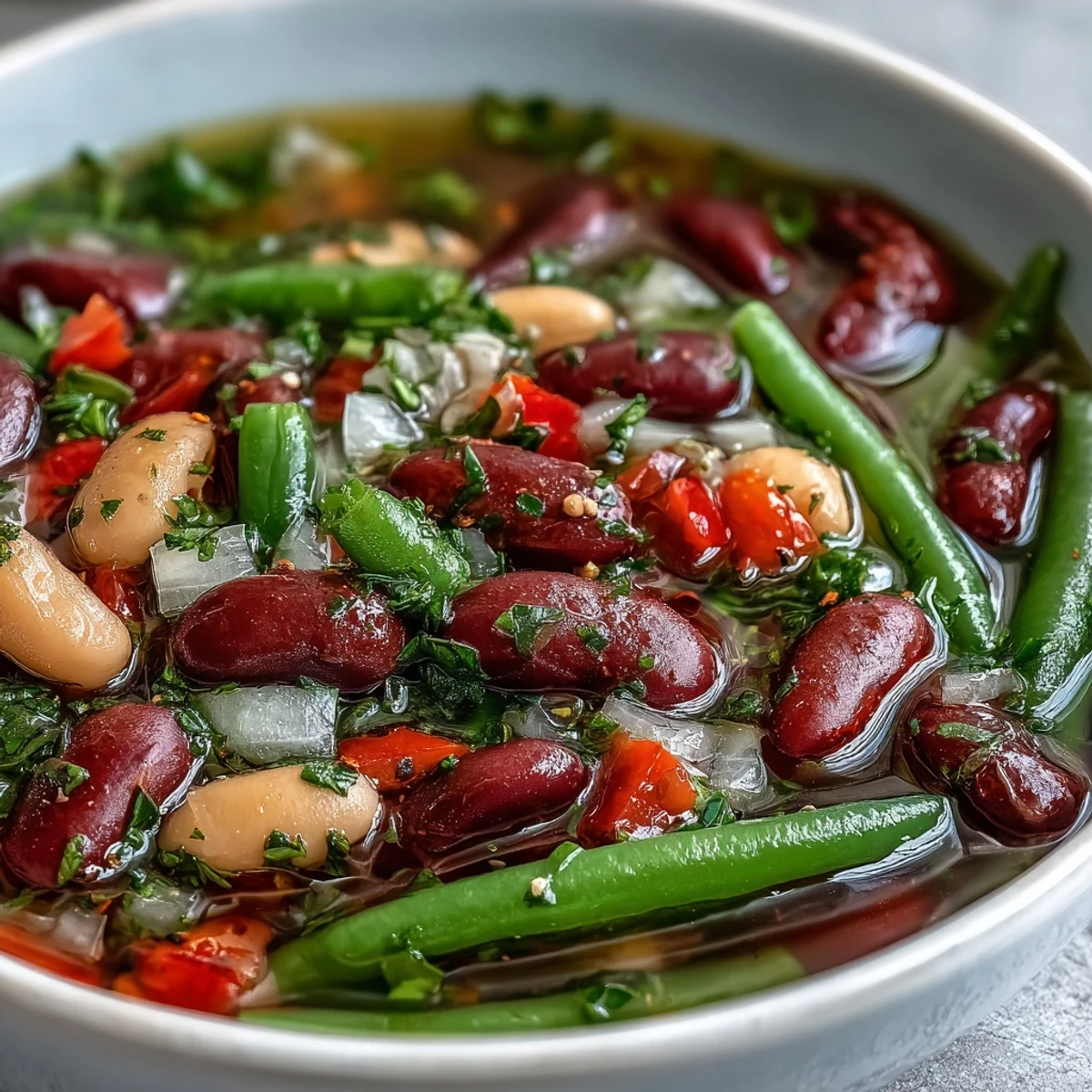 Three-Bean Salad Soup with tender beans and vegetables, steaming alongside crusty bread for a hearty, zesty lunch or dinner.