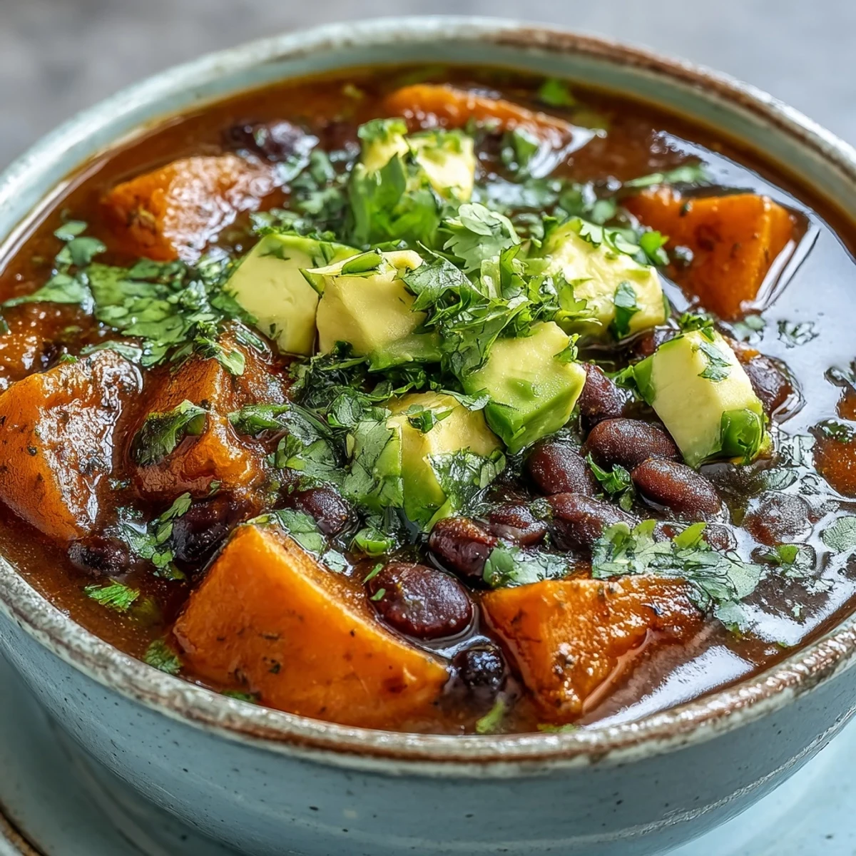 Creamy Sweet Potato and Black Bean Soup served hot with fresh cilantro and avocado garnishes.