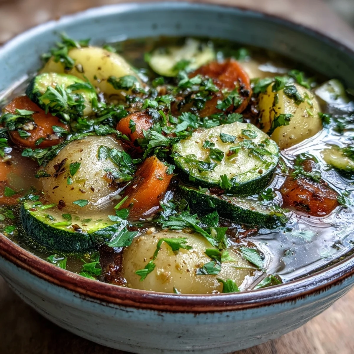 Steaming bowl of Potato and Vegetable Soup with diced carrots and tender potatoes in a rustic kitchen setting.