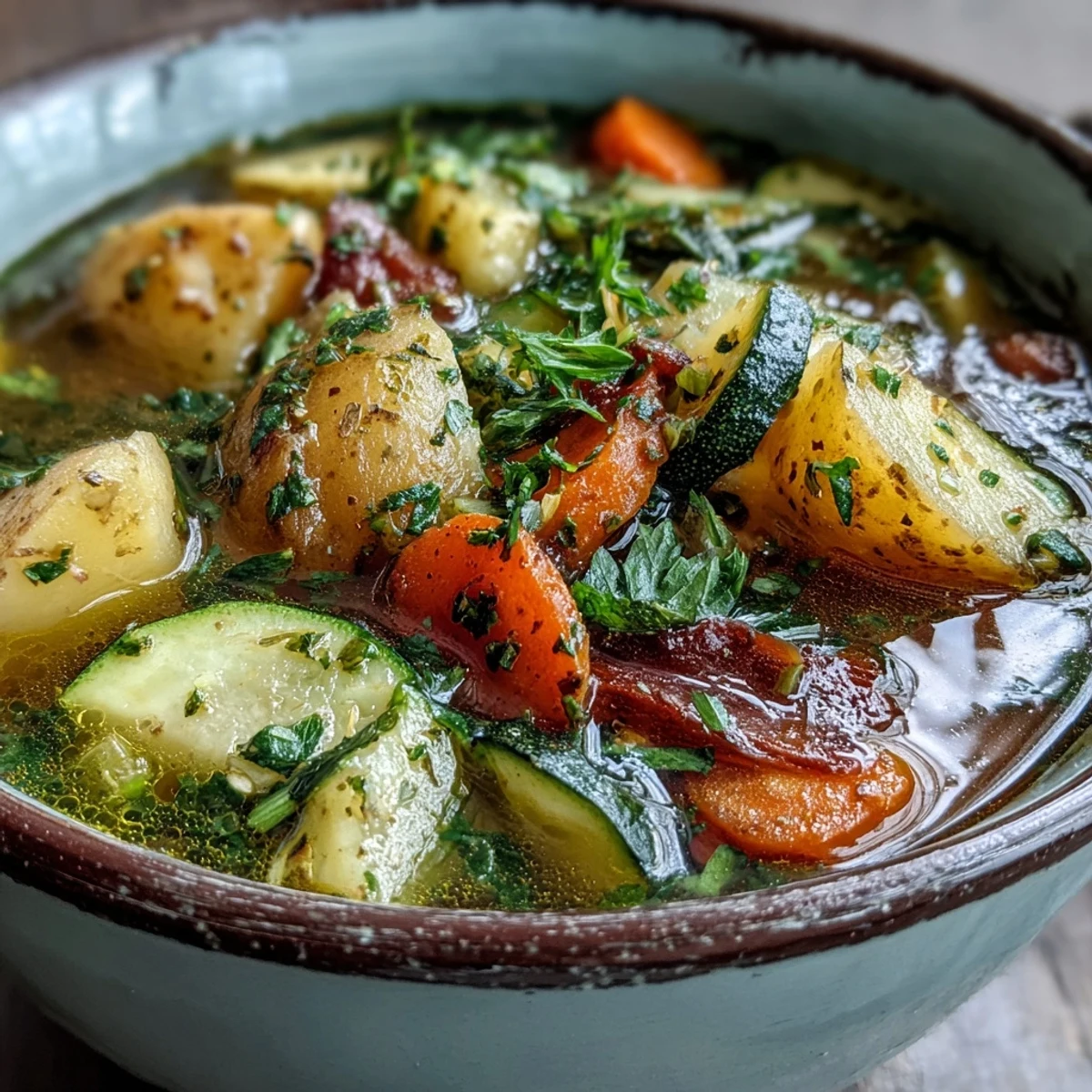 Potato and Vegetable Soup garnished with fresh parsley, served hot alongside crusty bread for a hearty meal.