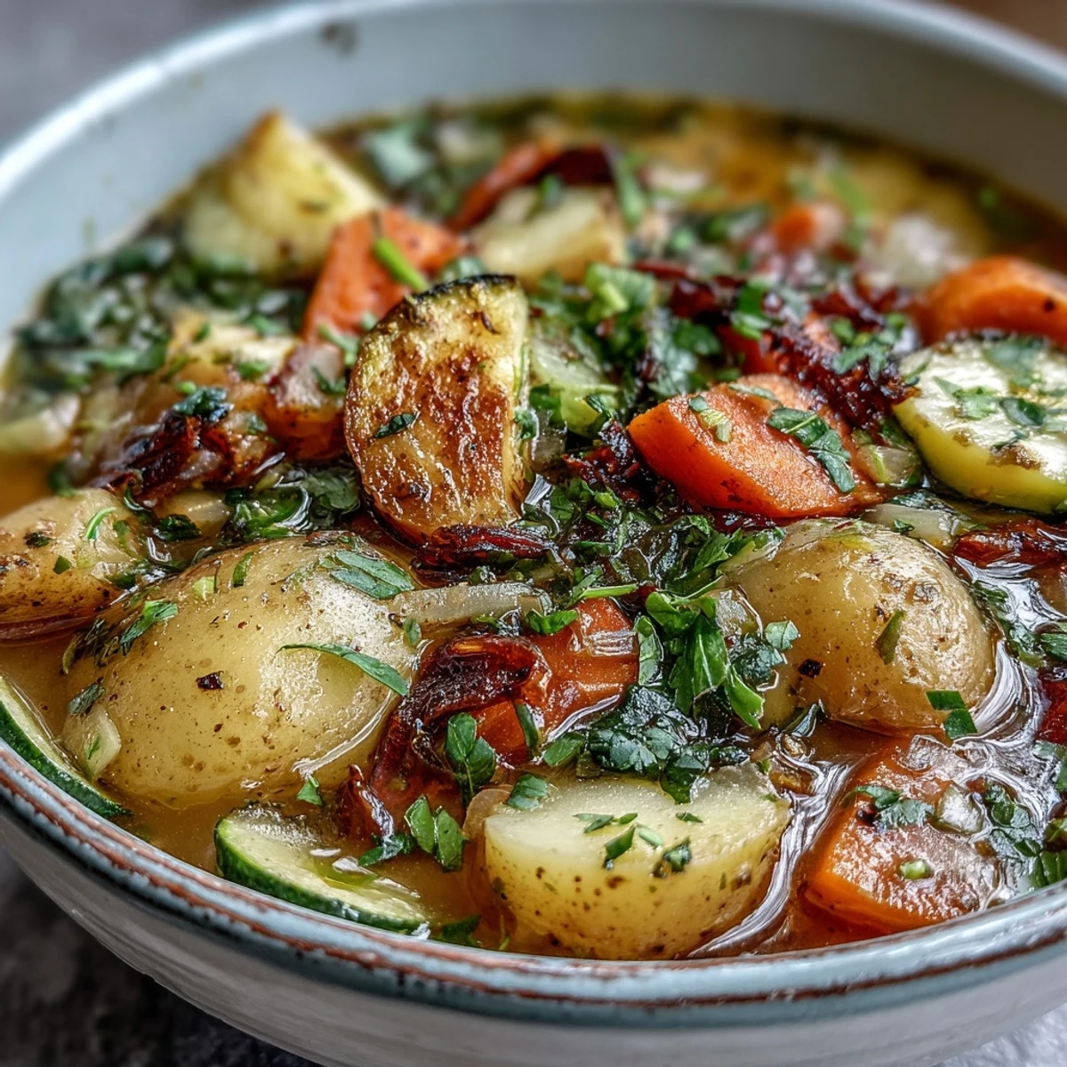 Vibrant Potato and Vegetable Soup featuring peas and green beans in a rich vegetable broth, ready to serve.