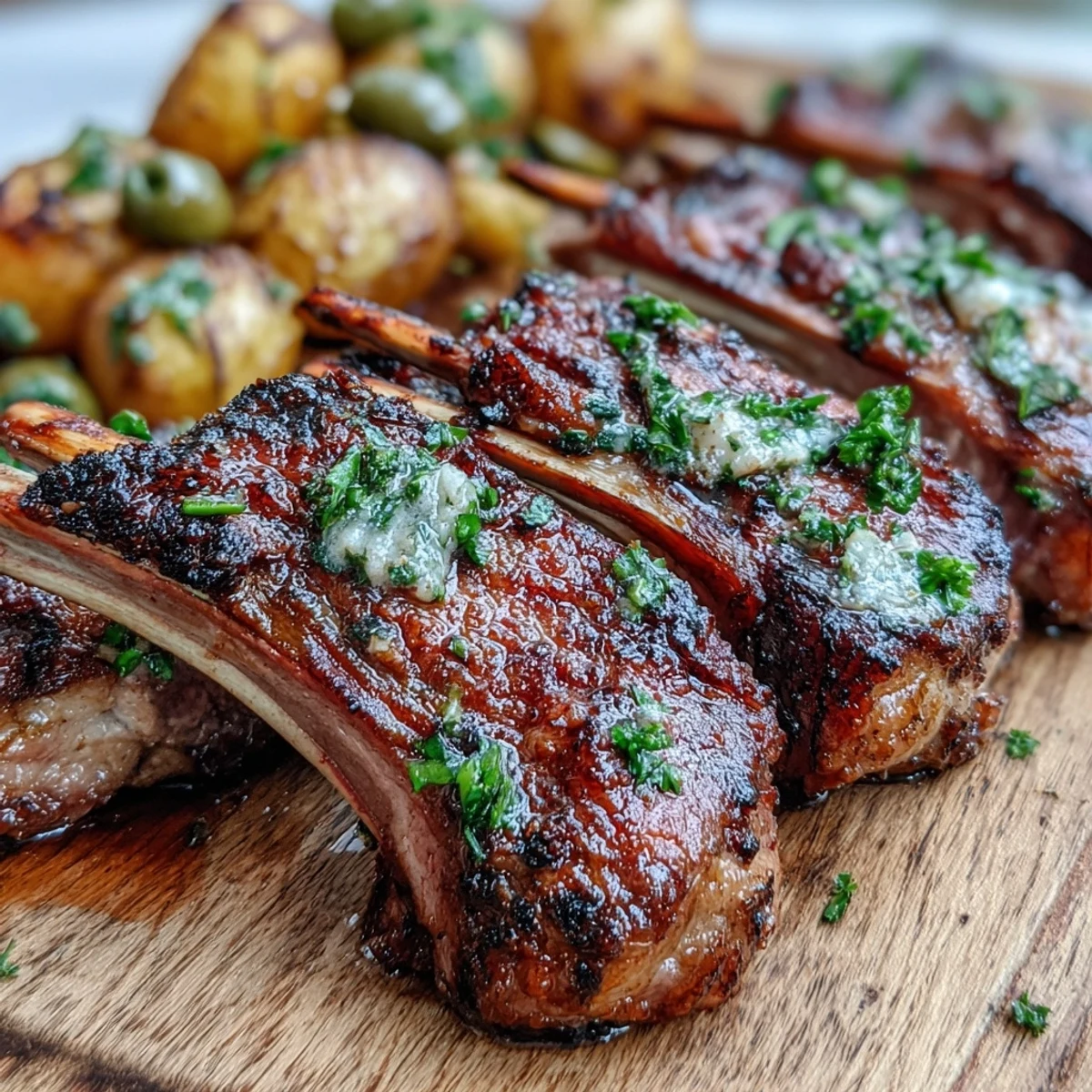 Golden-brown rack of lamb with herb crust rests next to roasted baby potatoes studded with green olives and lemon zest.