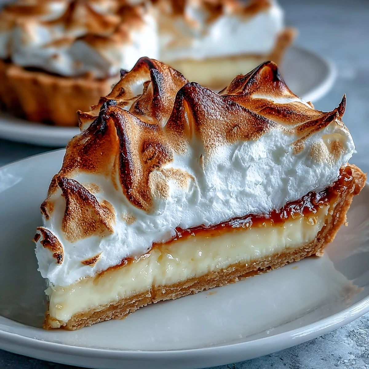 Freshly baked Lemon Meringue Pie with a golden-brown, toasted meringue topping sits on a rustic wooden table.