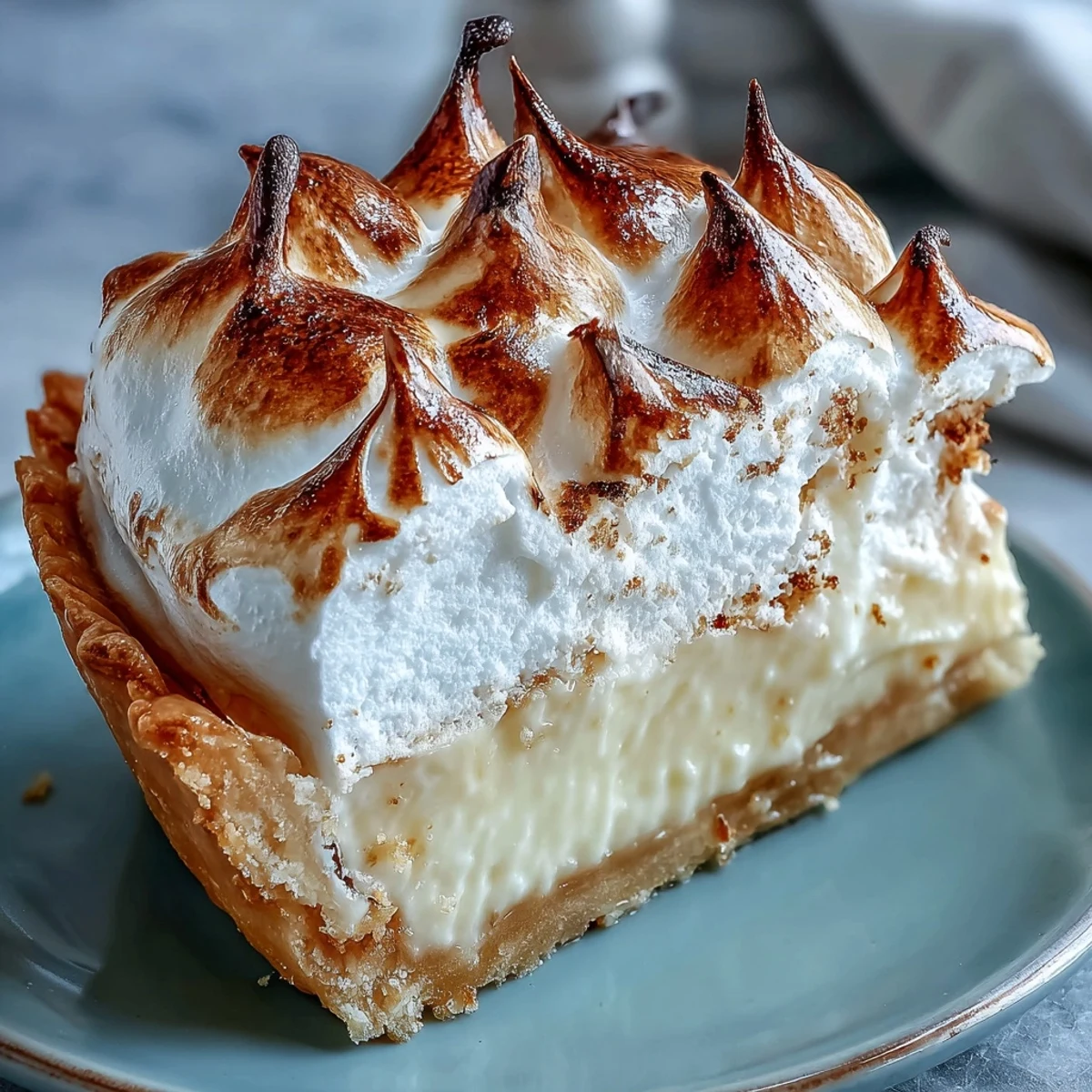Homemade Lemon Meringue Pie is served on a white plate, garnished with fresh lemon zest and a fork.
