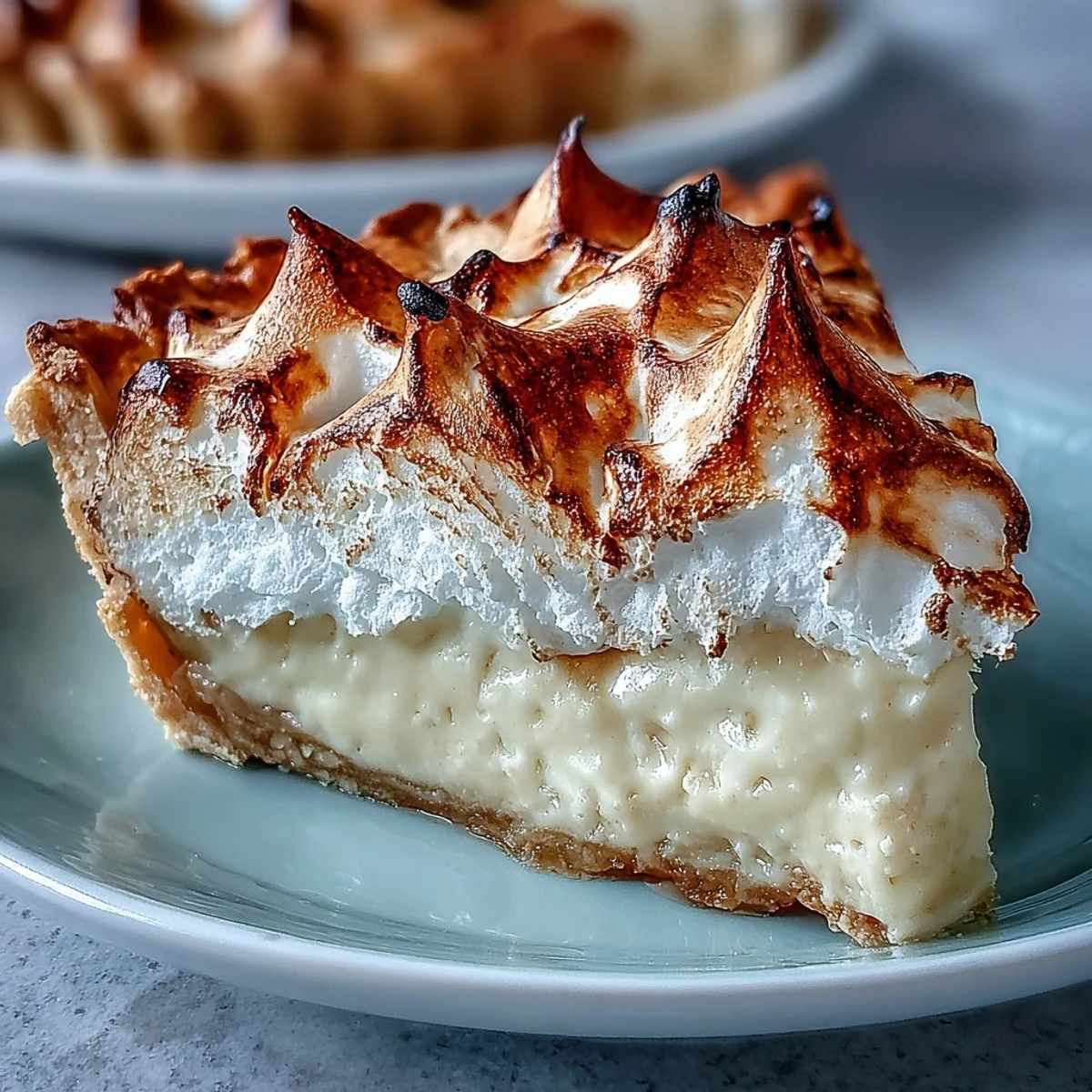 A slice of zesty Lemon Meringue Pie reveals tangy yellow lemon filling and a crisp, flaky pastry crust.