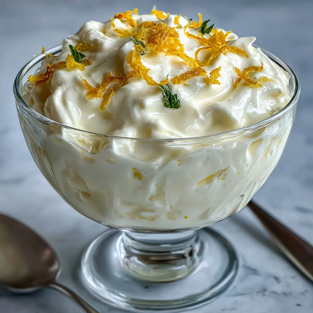 Light and refreshing Lemon Fool with bright yellow lemon cream and a dollop of whipped cream, ready to serve.
