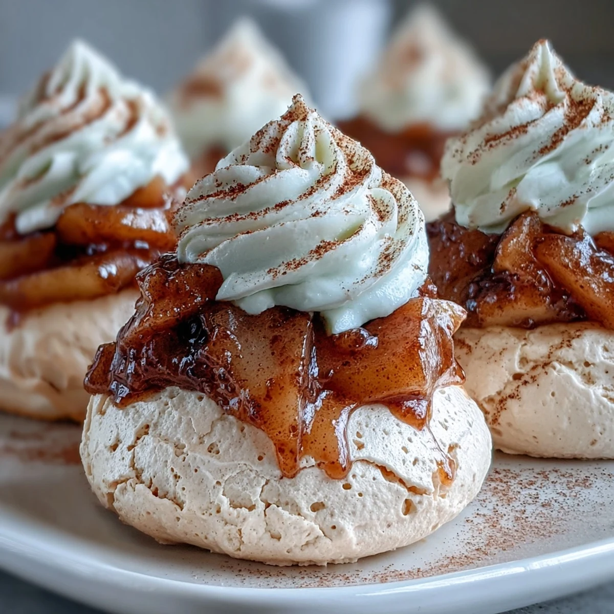Four airy Mini Hot Toddy Pavlovas sit on a marble slab, each crowned with whisky-spiked poached pears and fluffy whipped cream.