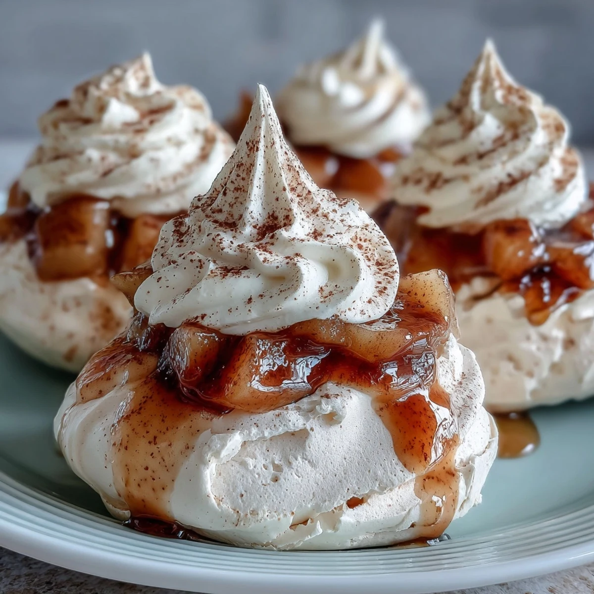 A single Mini Hot Toddy Pavlova showcases its crisp, chewy meringue nest filled with spiced pears and a cloud of vanilla cream.