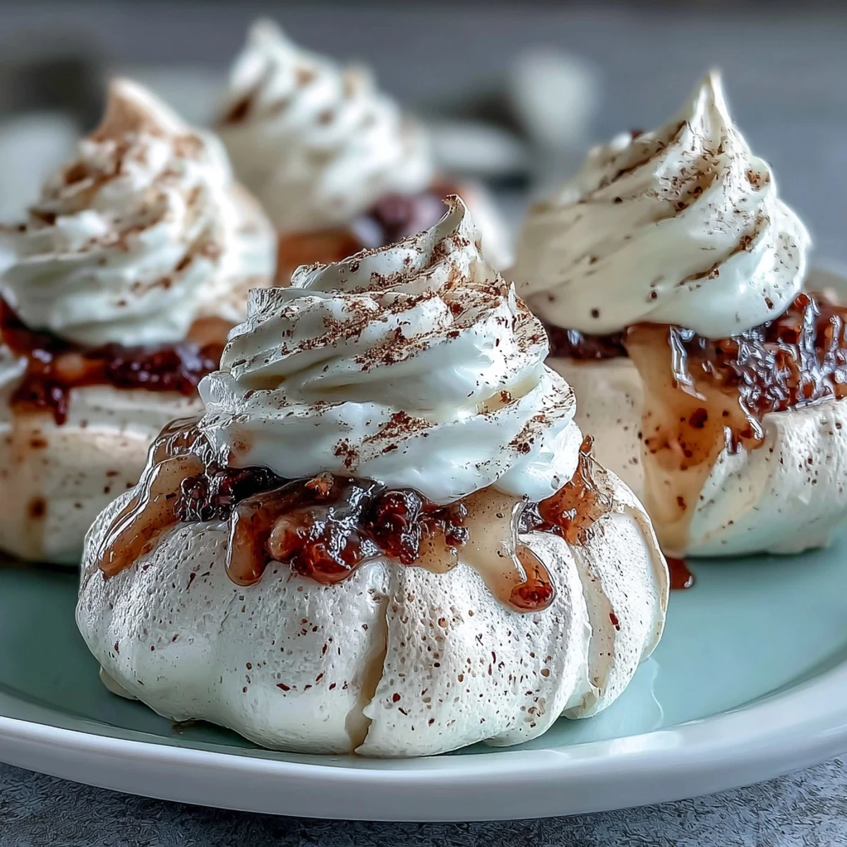 Close-up of Mini Hot Toddy Pavlovas, where warm cinnamon dust and glossy poached pears top the delicate, gluten-free meringue nests.