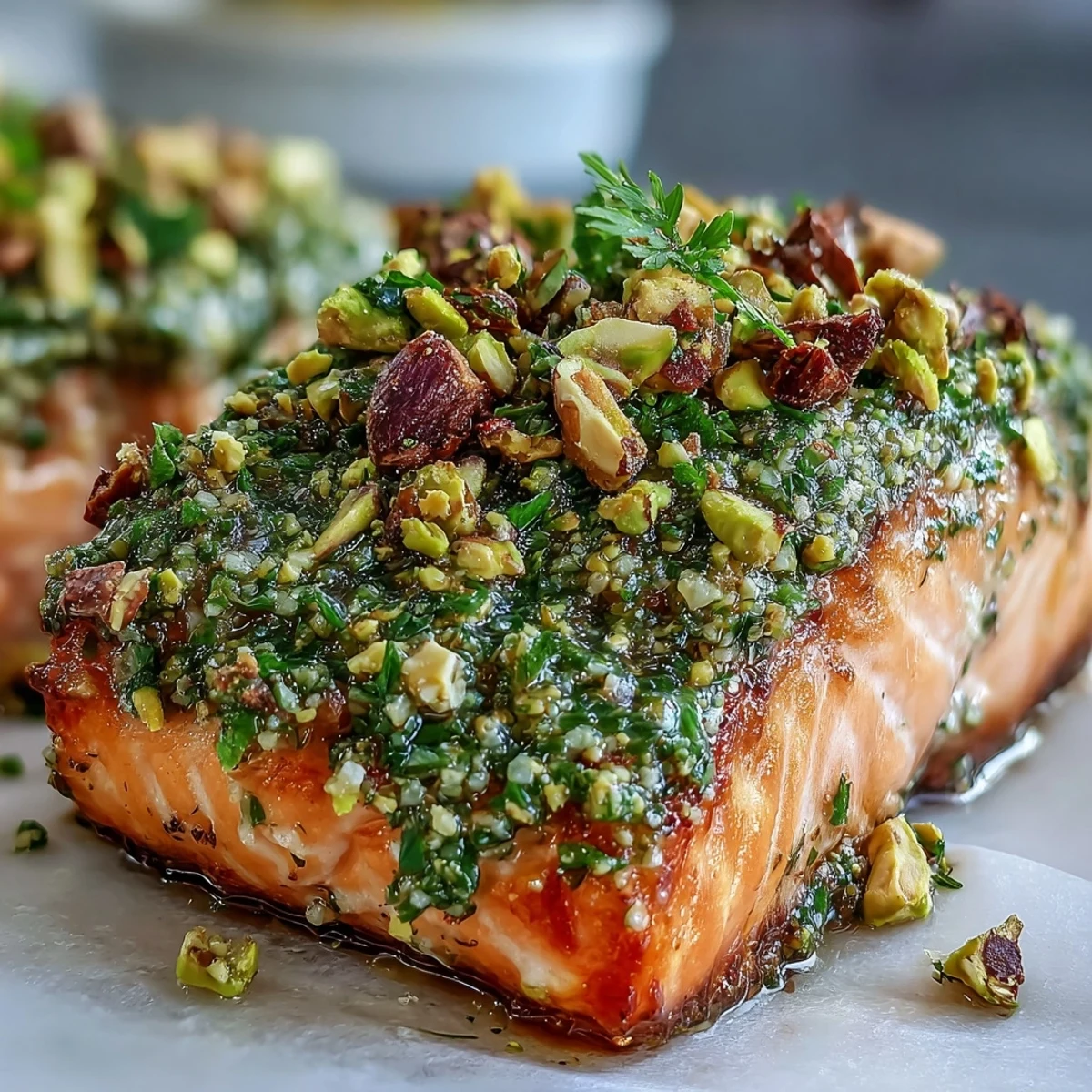 Confit Salmon With Tahini, Pistachio and Herb Crust fillets on a plate, topped with a vibrant green crust, served with lemon wedges. 