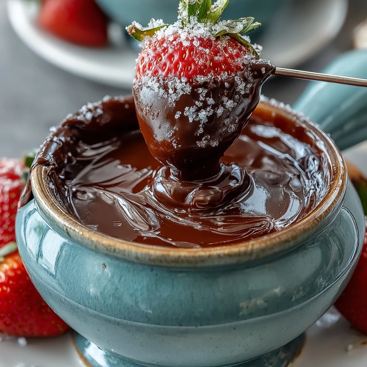 Creamy Boozy Chocolate Fondue steams in a fondue pot, surrounded by fresh strawberries, apple wedges, and marshmallows for dipping.