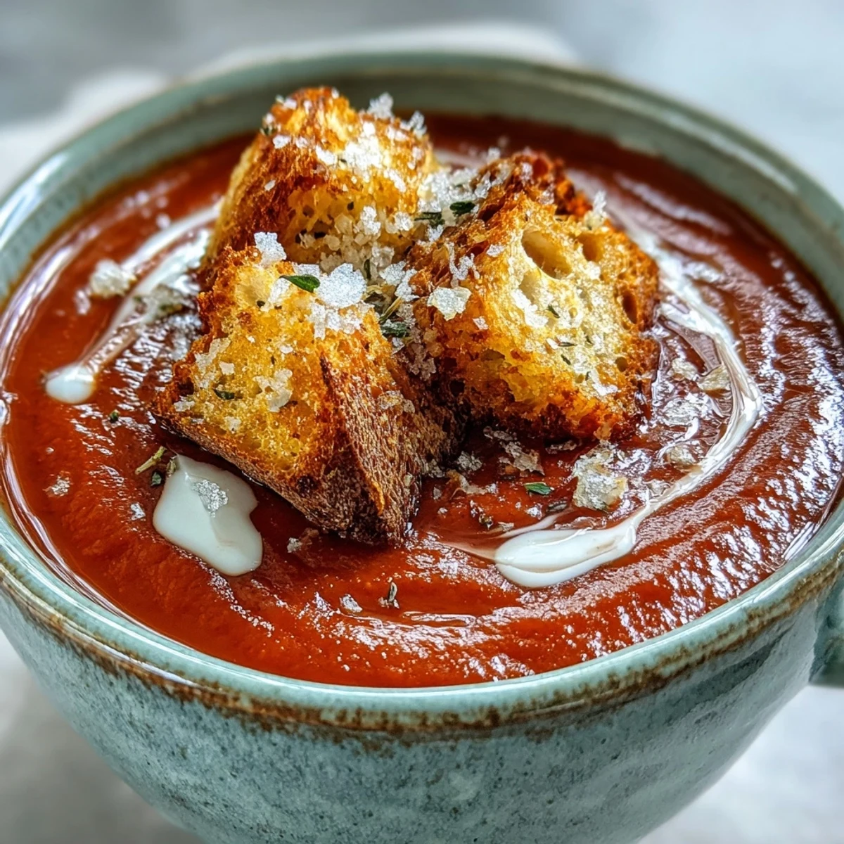 Creamy roasted red pepper soup in a white bowl, topped with golden crispy croutons.
