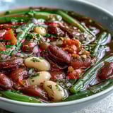 A close-up of Three-Bean Salad Soup featuring colorful kidney beans, green beans, and crisp red bell peppers in savory broth.