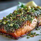 Tender Confit Salmon With Tahini, Pistachio and Herb Crust fillets garnished with fresh herbs and a lemon wedge for a bright Mediterranean finish. 