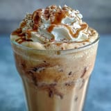 Creamy vanilla bean frappuccino protein shake with whipped cream, vanilla bean specks, and a sprinkle of cinnamon.