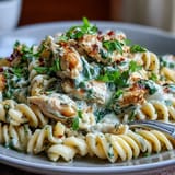 Bright and zesty lemon orzo pasta with juicy chicken, wilted spinach, and a touch of chili flakes for warmth.  