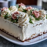 Simple First Communion Sheet Cake with Buttercream Flowers on a white cake stand, decorated with delicate pastel piped flowers and soft green leaves, perfect for a spring celebration.