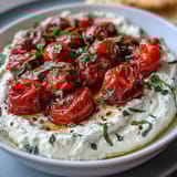 Creamy whipped feta dip topped with sweet roasted cherry tomatoes and fresh basil, served with warm pita bread for dipping.  
