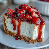 Luscious no-bake strawberry cheesecake, elegantly topped with fresh red fruit compote.