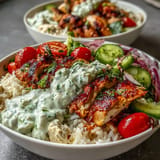 Juicy grilled Greek Chicken Bowls featuring fresh toppings and a refreshing yogurt sauce.