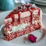 Delicate rosé velvet cake, frosted, with a luxurious edible gold accent.