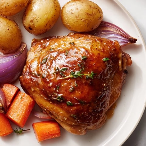 Golden, glazed Maple Dijon Chicken Thighs with roasted vegetables, a delicious and easy weeknight meal idea.