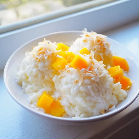 Creamy coconut rice dessert topped with golden toasted flakes and a swirl of mango for a tropical treat.