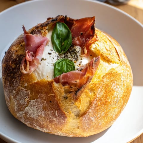 Golden-brown sourdough grilled cheese sandwiches, filled with melty burrata and crispy prosciutto, served on a white plate.