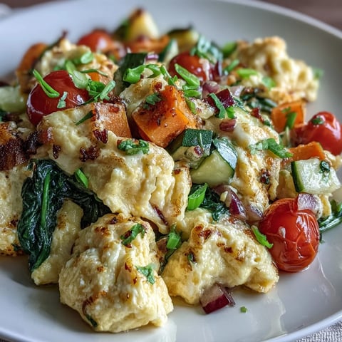 Fluffy scrambled eggs with diced bell peppers, spinach, and cherry tomatoes in a skillet.