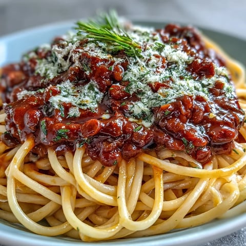 Hearty Lentil Bolognese, rich and savory, served over perfect spaghetti.