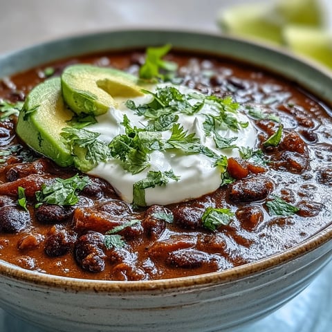 Creamy Black Bean Soup in a rustic bowl, garnished with cilantro and avocado, served with a lime wedge for a zesty finish.