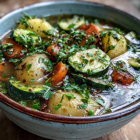 Steaming bowl of Potato and Vegetable Soup with diced carrots and tender potatoes in a rustic kitchen setting.