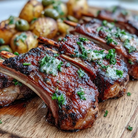 Golden-brown rack of lamb with herb crust rests next to roasted baby potatoes studded with green olives and lemon zest.