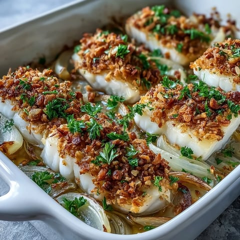 Golden-baked halibut fillets on a bed of aromatic fennel, topped with a crunchy lemon-walnut pangrattato.  