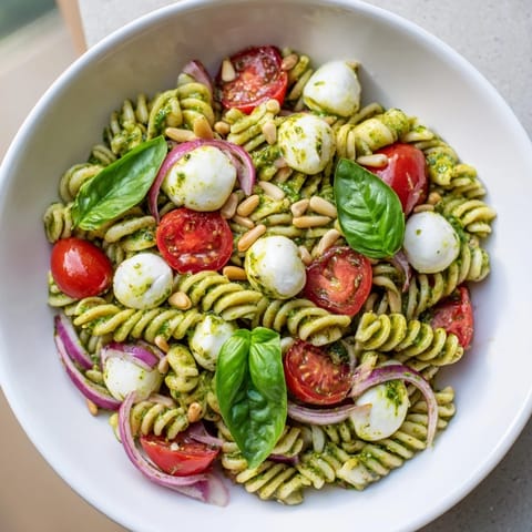 A refreshing bowl of cold pasta salad showcasing pesto, mozzarella, and juicy cherry tomatoes.