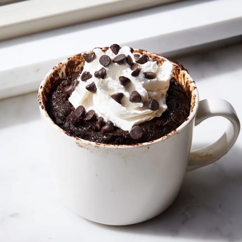 Warm, fluffy chocolate mug cake, topped with creamy whipped cream – a simple microwave treat.