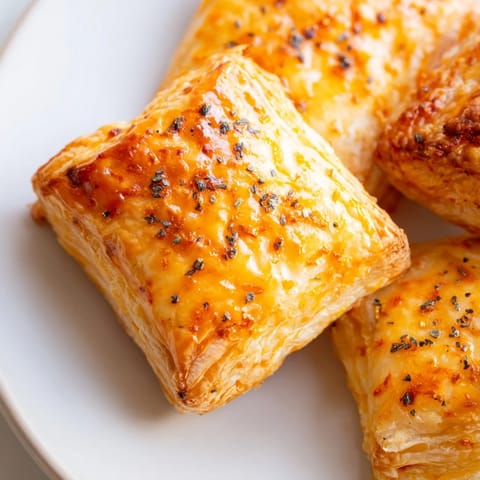 Mouthwatering image of flaky cheese and spice puff pastry bites, fresh from the oven, served warm.