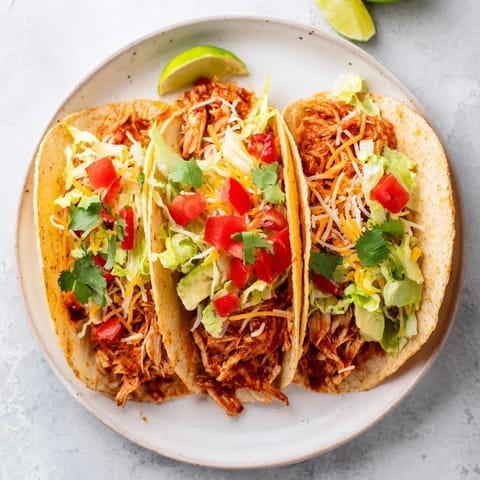 A close-up shot of slow cooker shredded chicken tacos, perfectly seasoned and ready for your next meal.