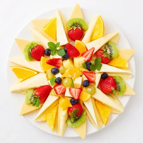 Beautifully arranged Kaleidoscope Circle appetizer with fresh strawberries, kiwi, and assorted cheeses.