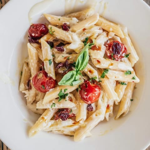 Vibrant Baked Feta Pasta with Cranberries, bursting with flavor and topped with fresh basil.