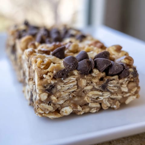 A close-up of delicious Peanut Butter Banana Oat Bars, featuring visible oats and chocolate chips, ready to eat.