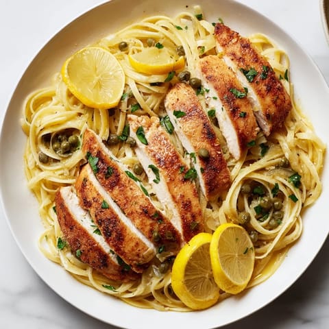 A close-up of Quick Chicken Piccata Pasta: perfectly cooked pasta, capers, fresh parsley and lemon.
