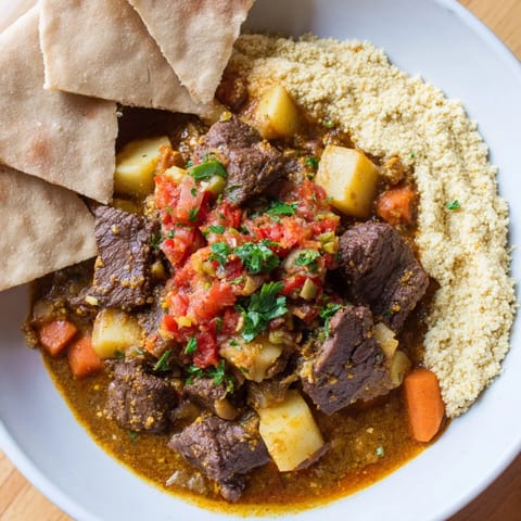 Close-up of Yemeni Saltah, the meat stew's spices mingling with fluffy fenugreek topping.